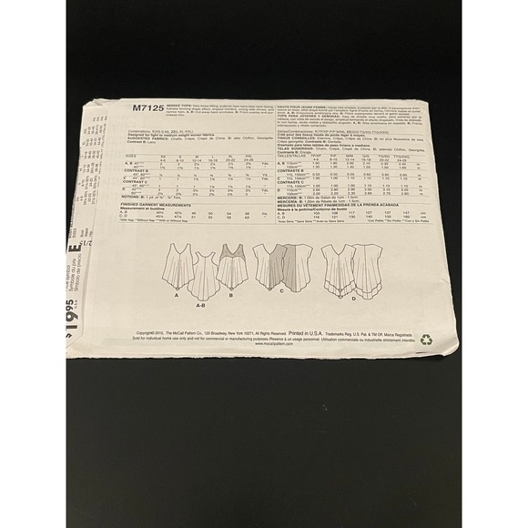 00224 - McCall's M7125 Sewing Pattern Misses' Tunic Top ZZ (L-XL-XXL) Easy UNCUT - Picture 3 of 3